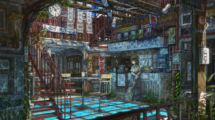 Anime girl with broom in a Japanese street cafe