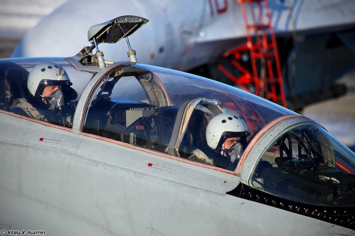 Two pilots in a fighter jet cockpit