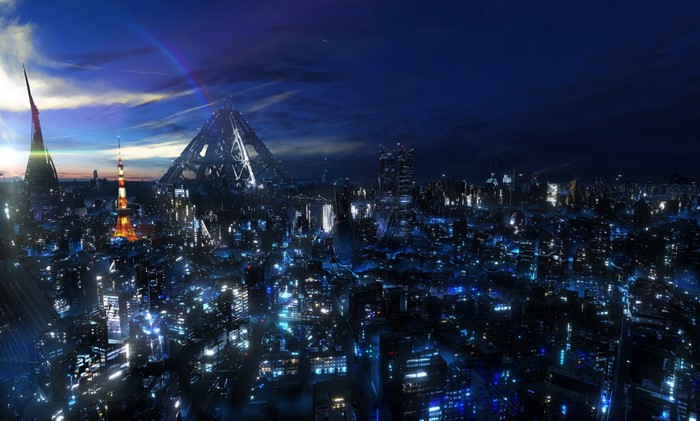 Futuristic cityscape at night with a rainbow