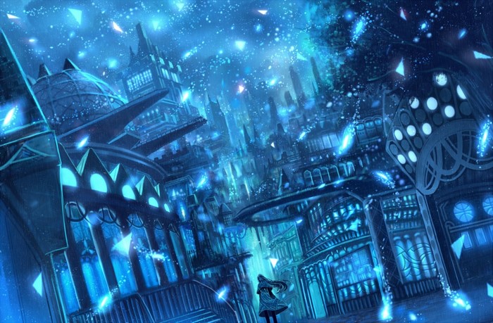 Blue futuristic cityscape with a girl and stars