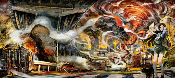 Apocalyptic Tornado Over City with Girl and Black Cat