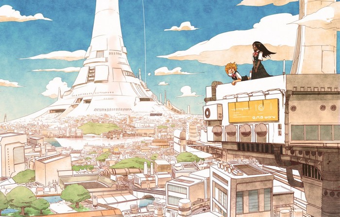 Sora and Kairi from Kingdom Hearts in a futuristic city