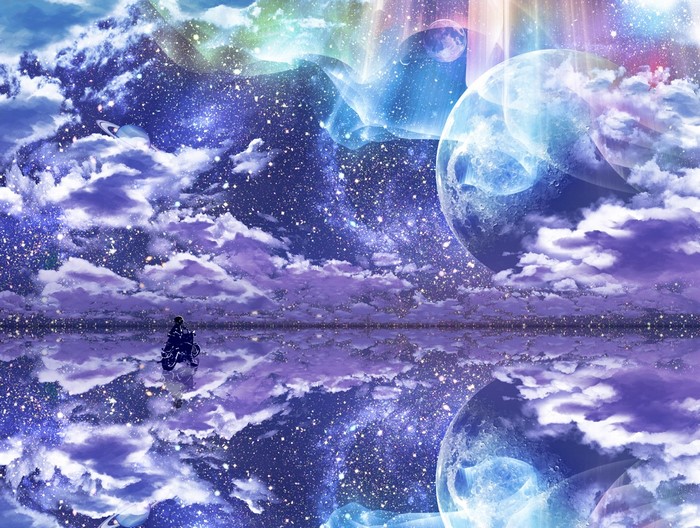 Person on motorcycle in a cosmic reflection