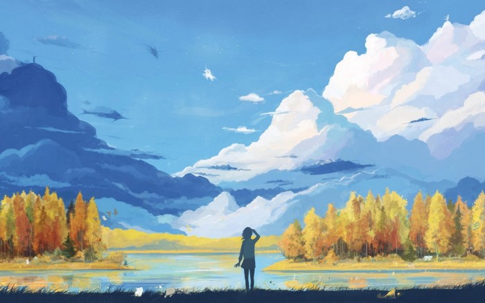 Anime landscape with a person by a lake and autumn trees