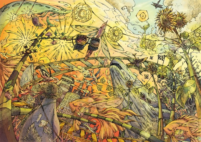 Surreal illustration of a fantastical landscape with creatures and plants