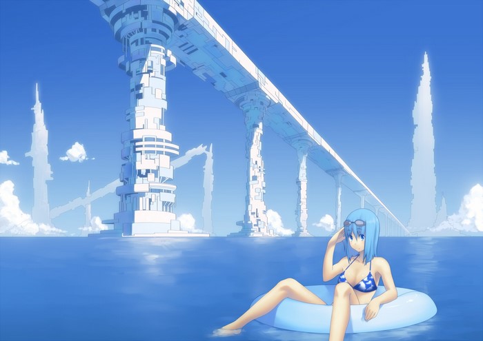 Anime girl with blue hair in a bikini on an inflatable ring