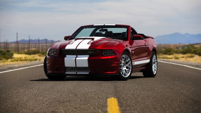 Red Ford Mustang GT350 Convertible on a Desert Road