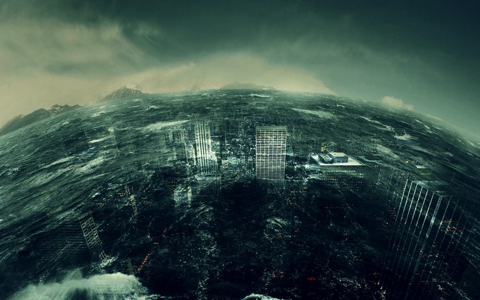 City submerged in ocean waves under stormy sky