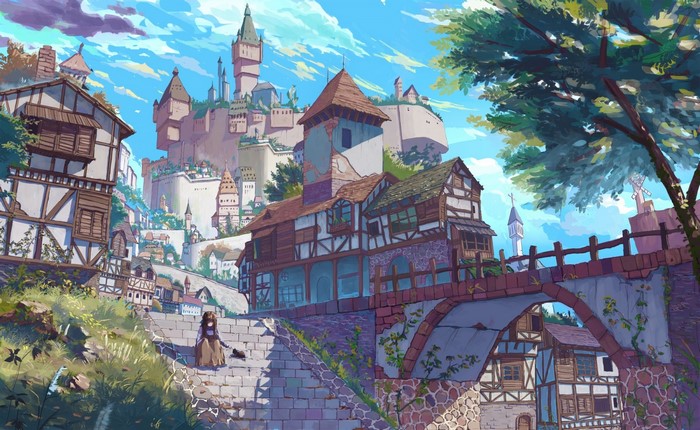 Anime village with castle and bridge