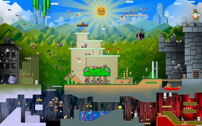 Super Mario Bros. characters in a vibrant landscape