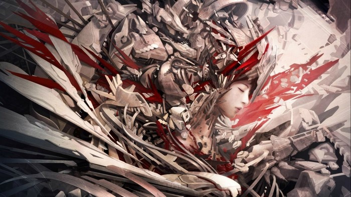 Anime girl in mechanical armor with red accents