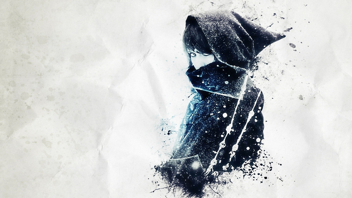 Person in a black hood with blue accents