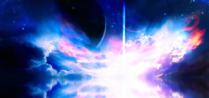 Cosmic nebula with planets and reflection