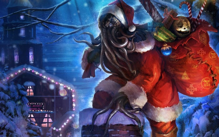 Cthulhu as Santa Claus with a sack of presents