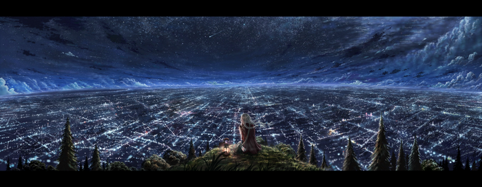 Girl and lantern overlooking a city at night under stars