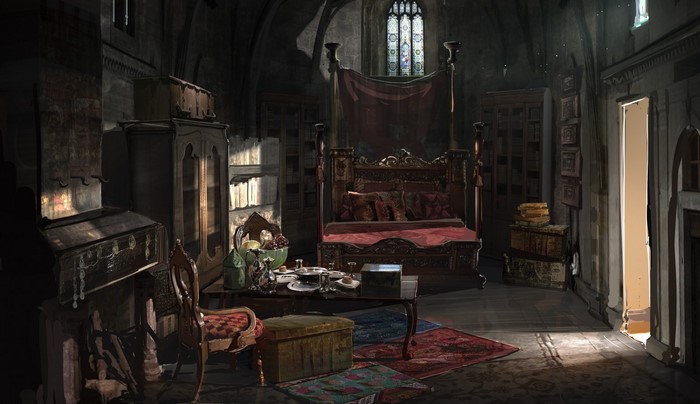 Opulent bedroom with four-poster bed and antique furniture