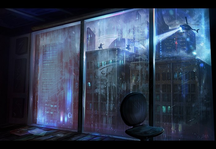 Night city view through a rainy window with a helicopter