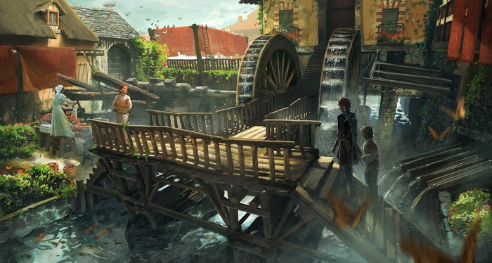 Village with water wheels and people by a river