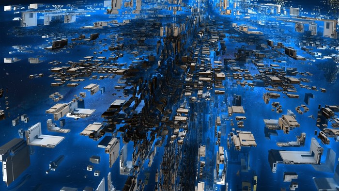 Abstract 3D cityscape with blue reflections