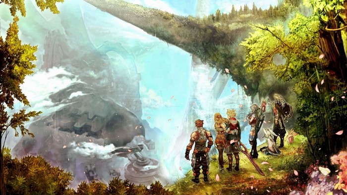 Characters from Xenoblade Chronicles overlooking a vast landscape