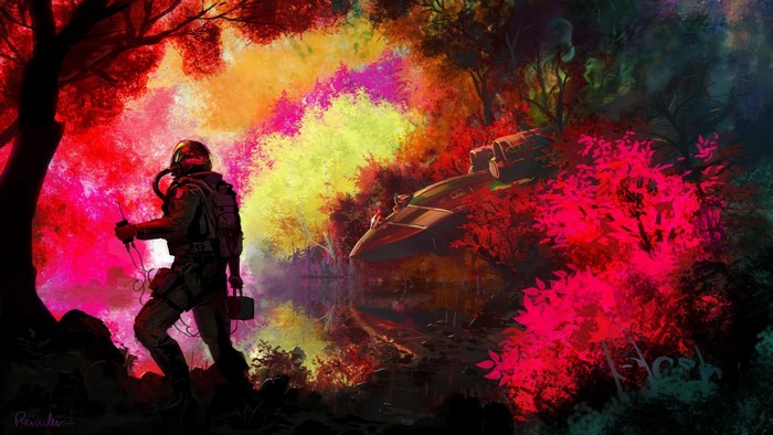 Pilot in a colorful forest with a crashed aircraft