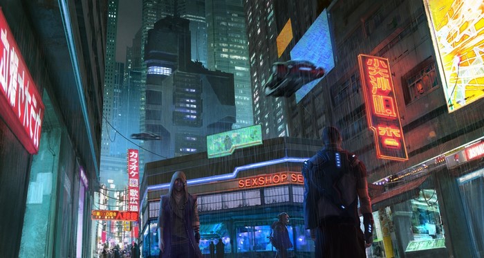 Cyberpunk city street at night with neon signs