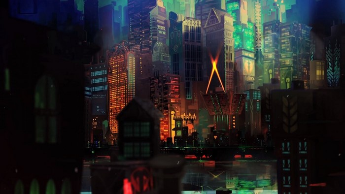 Cyberpunk city skyline at night with reflections