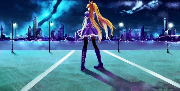 Anime girl with cat ears in a city at night