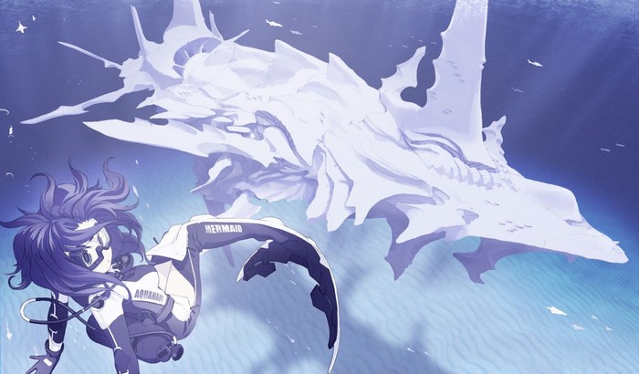 Anime girl in scuba gear swims near a large ice creature