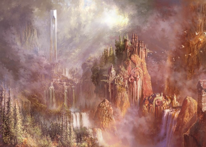 Fantasy landscape with waterfalls and ancient ruins