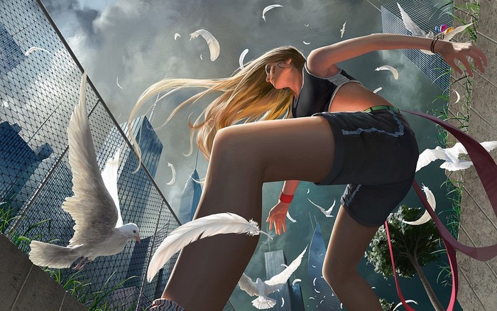 Anime girl with doves and feathers in city
