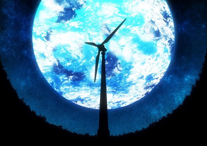 Wind turbine against a large blue planet in space