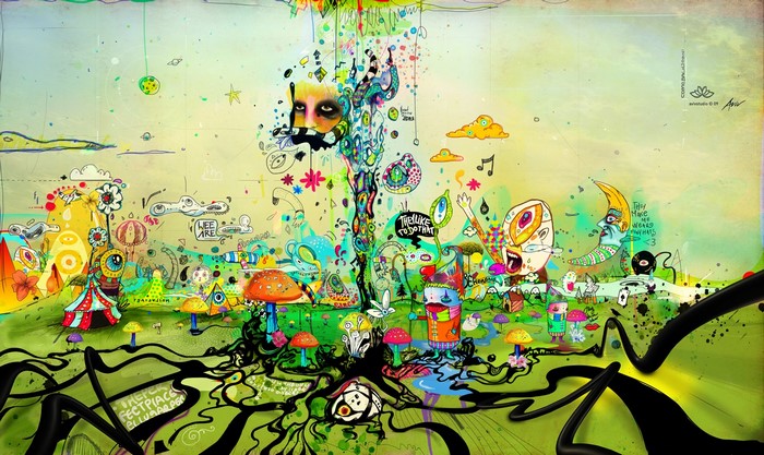 Surreal illustration with mushrooms and abstract figures