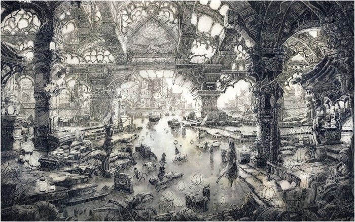 Monochrome drawing of ancient ruins with canals and boats