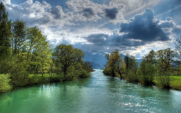 River flowing through a forest with mountains in the background