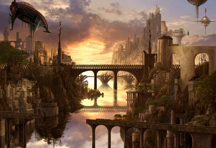 Fantasy cityscape with bridges and flying vehicles at sunset