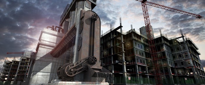 Industrial construction site with cranes and buildings