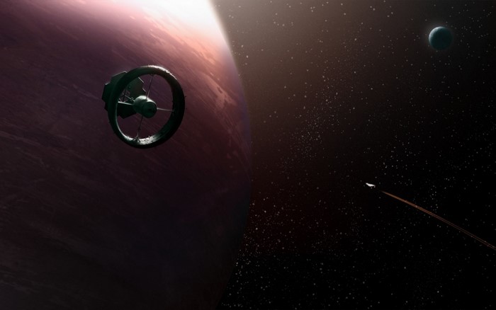 Space station orbiting a planet with a moon and spaceship