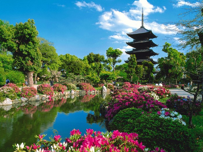 Toji Temple pagoda surrounded by a botanical garden with a pond
