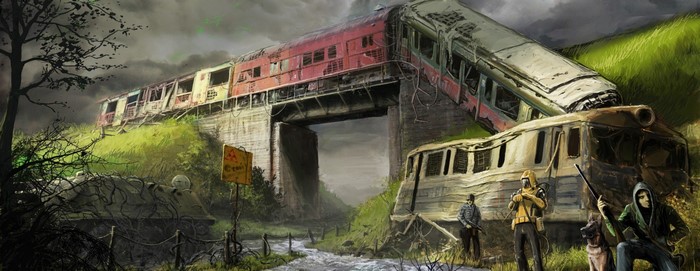 Apocalyptic scene with derailed trains and survivors
