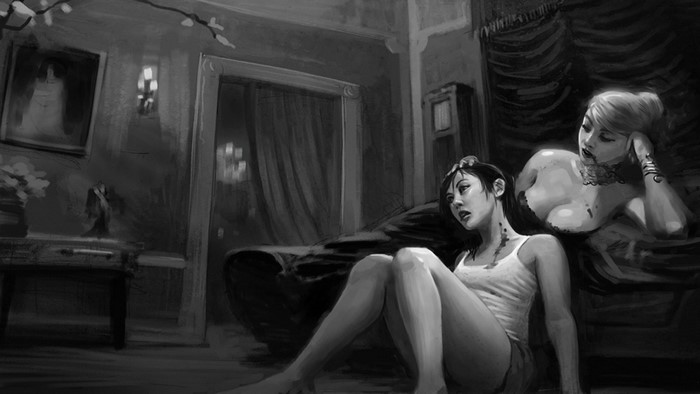 Two women in a dimly lit room, one appears to be a vampire
