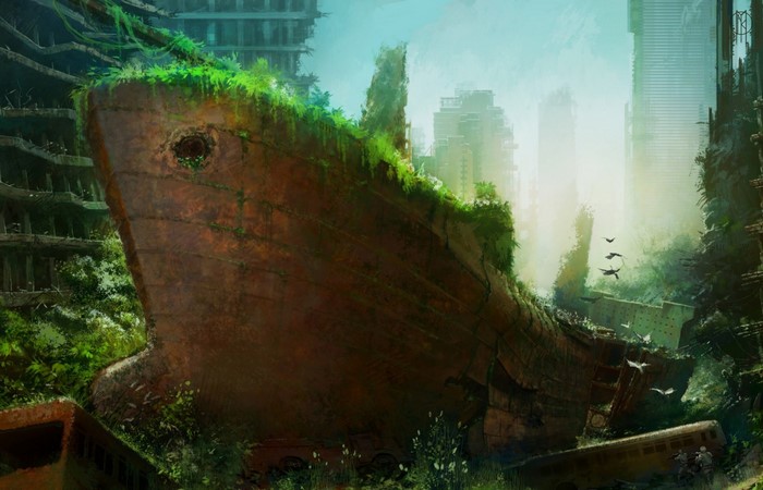 Apocalyptic overgrown shipwreck in a ruined city