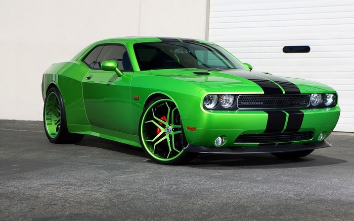 Green Dodge Challenger Muscle Car with Black Racing Stripes