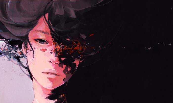 Abstract portrait of a woman with dark hair and red fragments