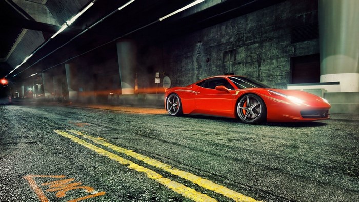 Red Ferrari 458 Italia in a tunnel