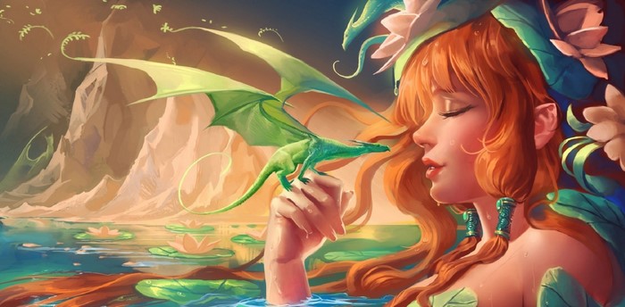 Fantasy art of a woman with a dragon
