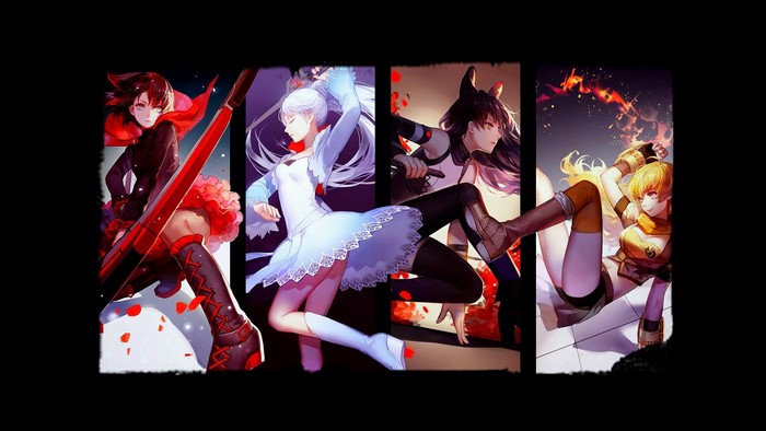RWBY characters Ruby Rose, Weiss Schnee, Blake Belladonna, and Yang Xiao Long