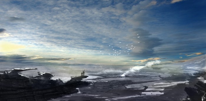 Two figures stand on a rocky outcrop overlooking a misty landscape with birds flying in the sky.