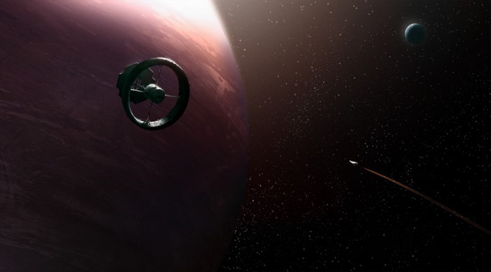 Space station orbiting a planet with a spaceship