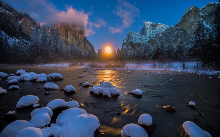 Winter Yosemite Valley with Moon and River